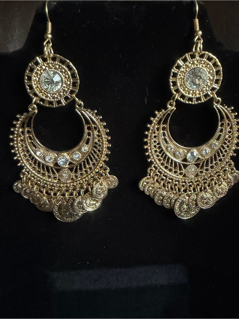 Gold-Toned Filigree Coined Fringe Chandelier Crystal Accents Dangle Earrings